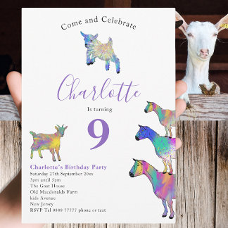 Goat Themed Animal Lovers Geburtstagsparty Lila Einladung