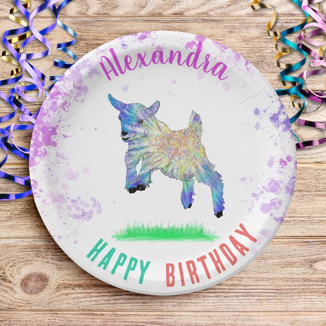 Goat Themed Birthday Party farbenfroh Pappteller (Cute goat themed birthday party personalized paper plates colorful farm animal watercolor art)