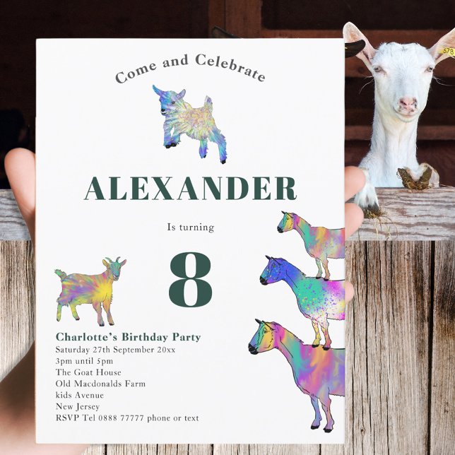 Goat Themed Birthday Party Green Einladungspostkarte (Cute goats colorful farm animal art 8th birthday party budget invitation postcard )