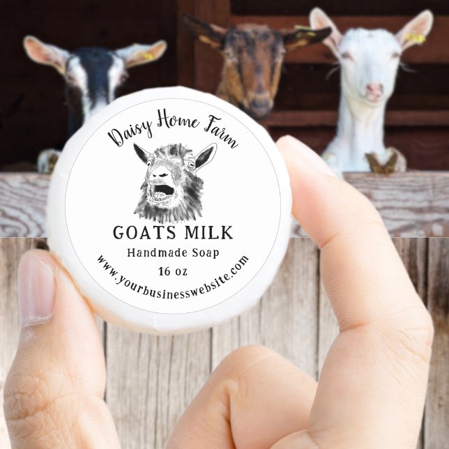 Goats Milk Soap Business Website Runder Aufkleber (Goats milk soap black and white small business label with name website and screaming goat drawing)