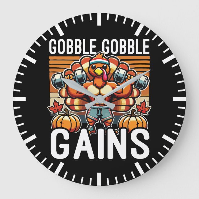 Gobble Gobble Gains - Funny Erntedank Gym Große Wanduhr (Vorderseite)