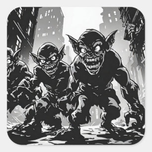 Goblin-Dämonen Verlassene Stadt BW Retro-Comic-Sti Quadratischer Aufkleber