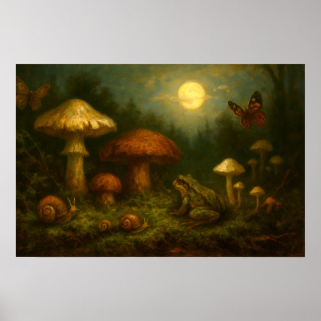 Goblincore Mushrooms, Snails & Frog In Moonlight Poster (Vorne)
