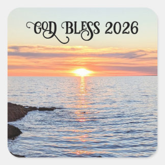God Bless 2026 New Year Golden Sunset Photo Quadratischer Aufkleber