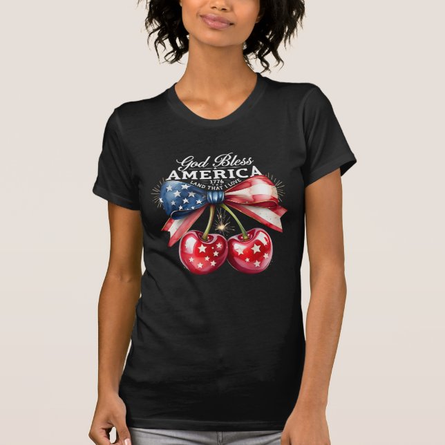 God Bless America Cherry Bow USA 4. Juli T-Shirt (Vorderseite)