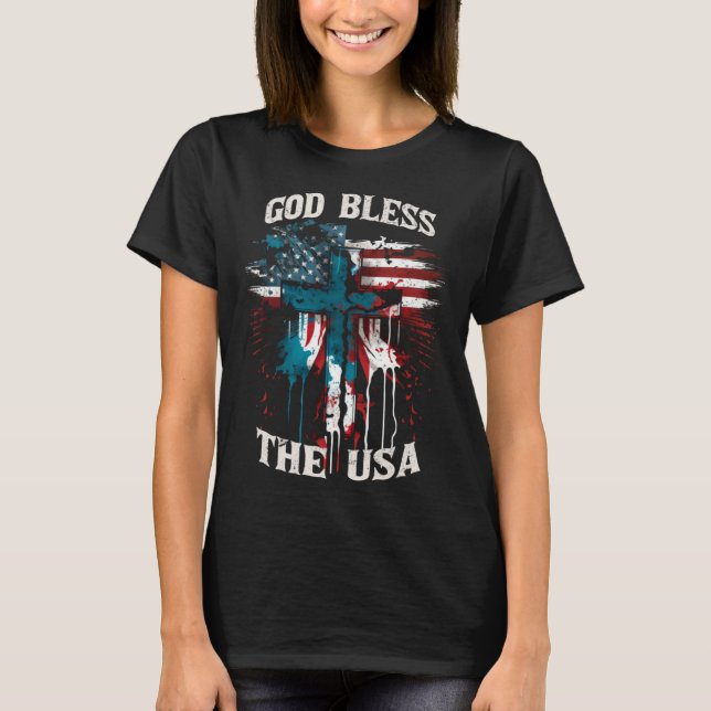 God Bless America Christian Patriotic Cross T-Shirt (Vorderseite)