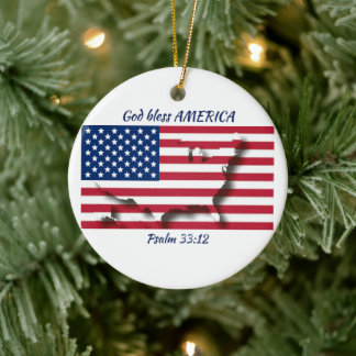 GOD BLESS AMERICA Flag Custom Scripting WHITE Keramik Ornament