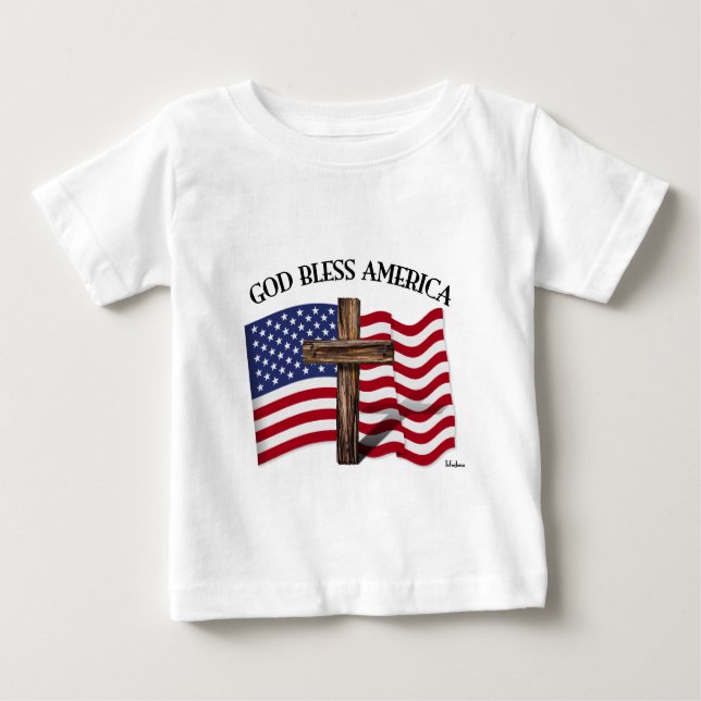 GOD BLESS AMERICA mit robustem Kreuz und US-Flagge Baby T-shirt (Vorderseite)