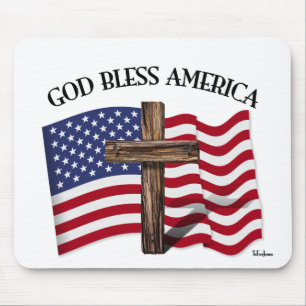 GOD BLESS AMERICA mit robustem Kreuz und US-Flagge Mousepad
