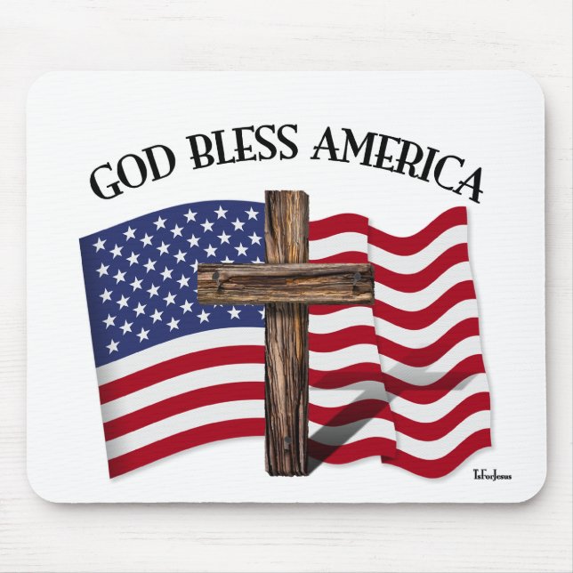 GOD BLESS AMERICA mit robustem Kreuz und US-Flagge Mousepad (Vorne)