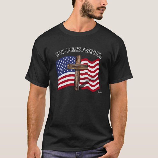 GOD BLESS AMERICA mit robustem Kreuz und US-Flagge T-Shirt (Vorderseite)