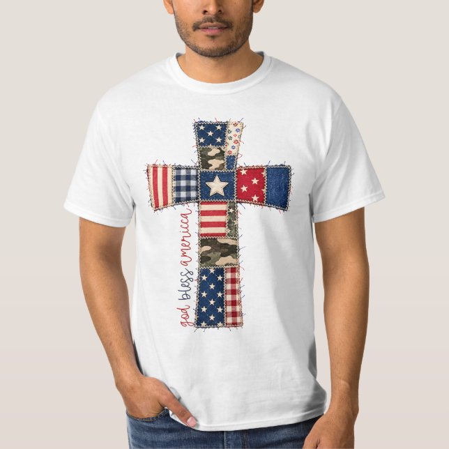 God Bless America Patchwork Kreuz T-Shirt (Vorderseite)