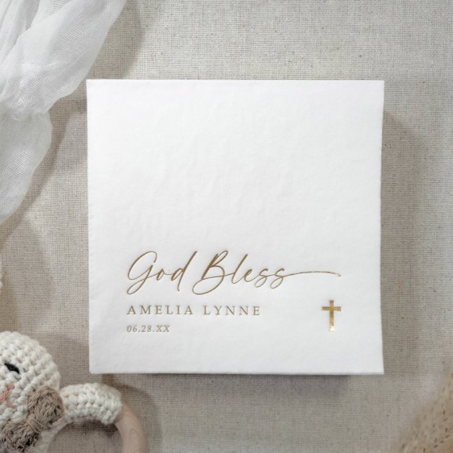God Bless Baptism Napkins Modern Cross Gold Servietten Mit Folie (Personalized Baptism Napkins - Gold Bless with simple gold cross design. Modern handwriting.)
