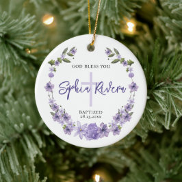 God Bless Christening Girl Purple Blumen Keramik Ornament