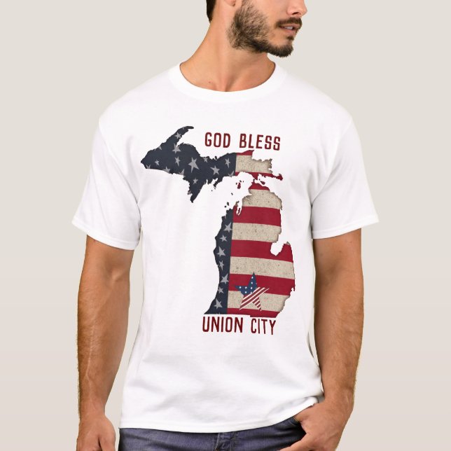 God Bless Gewerkschaft City Michigan | Patriotisch T-Shirt (Vorderseite)