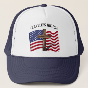 GOD BLESS THE USA mit robustem Kreuz & US-Flagge Truckerkappe