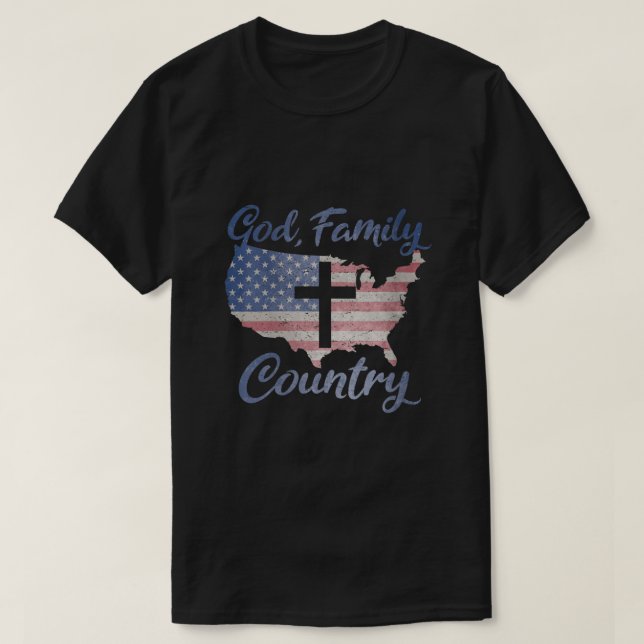 GOD FAMILY LAND Christlich Cross American Flag L T-Shirt (Design vorne)