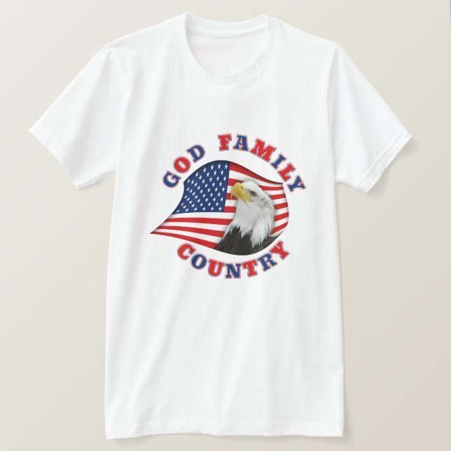 GOD FAMILY LAND w Eagle auf US-Flagge T-Shirt (Design vorne)