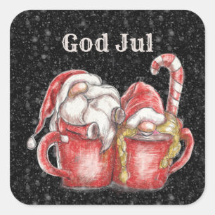 God Jul Gnome couple in Cups Square Sticker