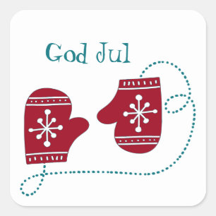God Jul Scandinavian Red Mittens Quadratischer Aufkleber