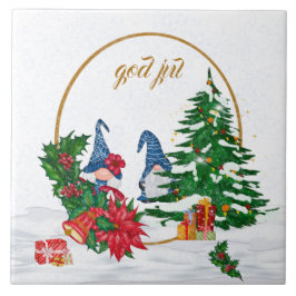 God Jul Swedish Gnomes Blue Couple Keramik Tile Fliese