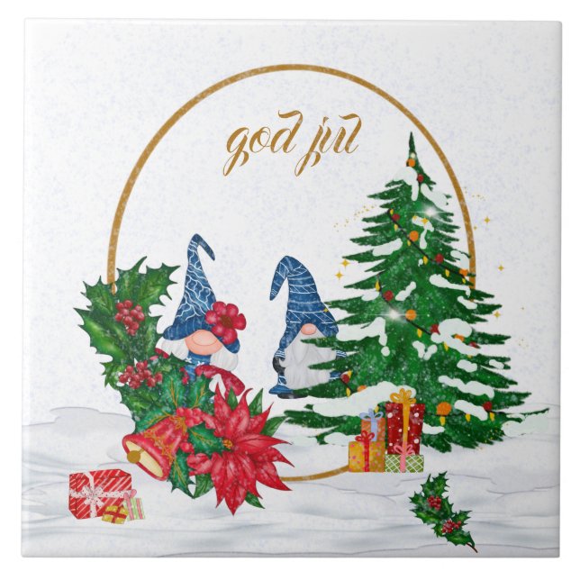 God Jul Swedish Gnomes Blue Couple Keramik Tile Fliese (Vorderseite)