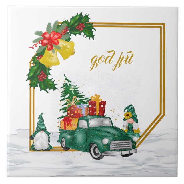 God Jul Swedish Gnomes Green Couple Keramik Tile Fliese (Vorderseite)