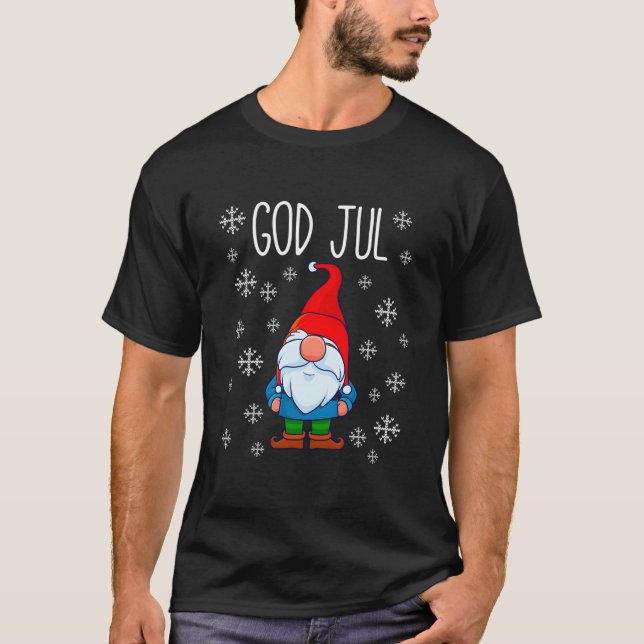 God Jul Swedish Tomte Gnome Scandinavian Merry T-Shirt (Vorderseite)