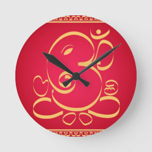 God Om Ganesha on red Runde Wanduhr