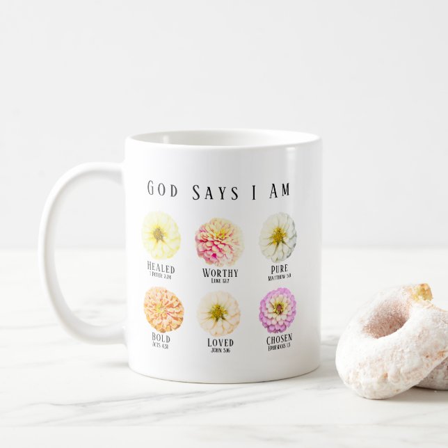 God Says I Am Affirmation Scripture Pastel Floral Kaffeetasse (Mit Donut)