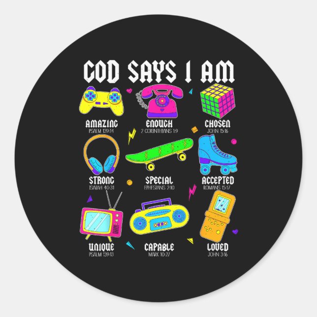 God Says I Am Christian Men Women Kids Retro 80's  Runder Aufkleber (Vorderseite)