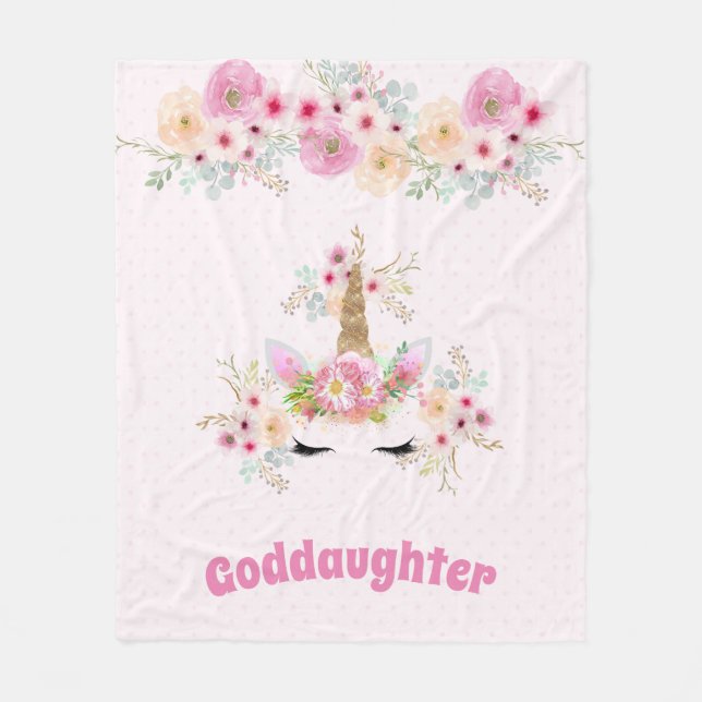 GODDAUGHTER Pink Gold Glitzer Blume Einhorn Gesich Fleecedecke (Vorderseite)