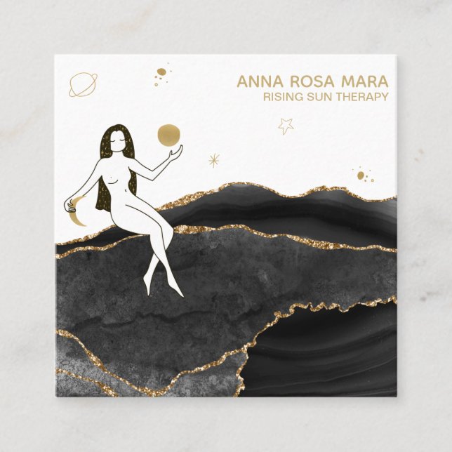 *~* Goddess Celestial Black Agate Gold Glitzer Quadratische Visitenkarte (Vorderseite)