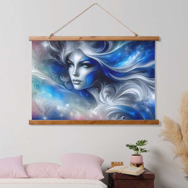 Goddess Celestial White Blue Head Februar - Wandteppich Mit Holzrahmen (Schlafzimmer)