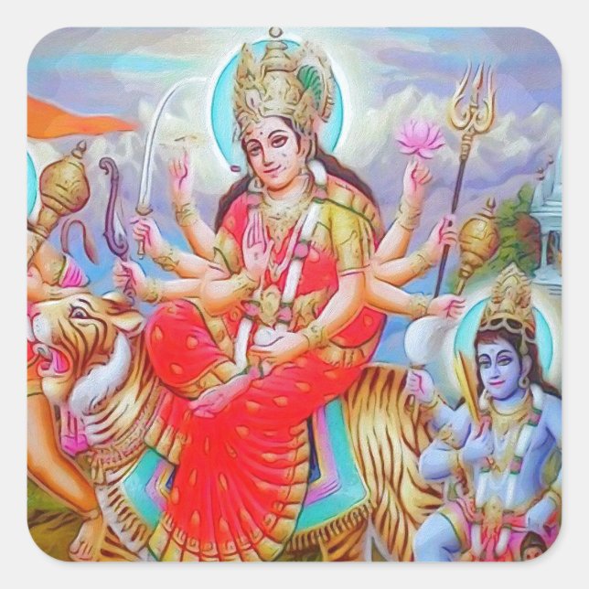Goddess Durga Ji Painting Quadratischer Aufkleber (Vorderseite)
