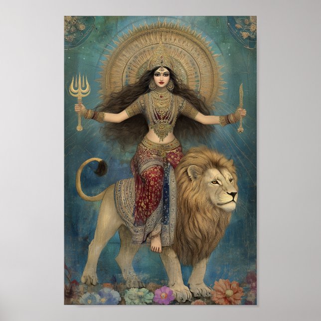 Goddess Durga Reiten Lion Turquoise Gold Art Poster (Vorne)