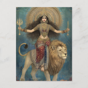 Goddess Durga Reiten Lion Turquoise Gold Art Postkarte