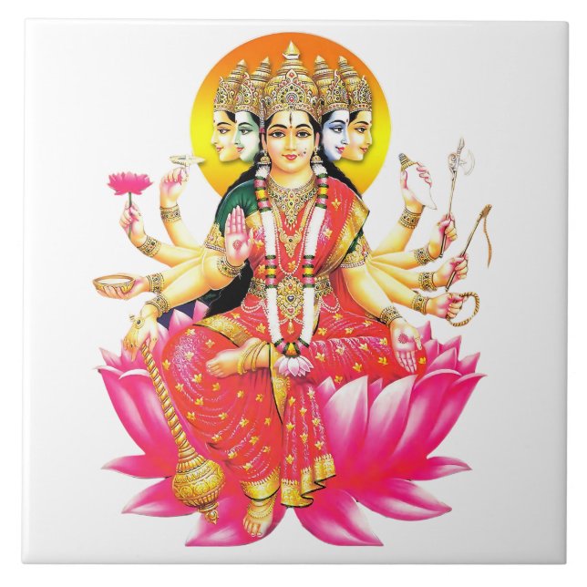 Goddess Gayatri Devi über Lotus Hindu Deity Fliese (Vorderseite)