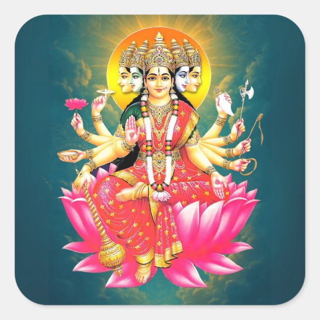 Goddess Gayatri Devi über Lotus Hindu Deity Quadratischer Aufkleber (Vorderseite)