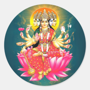 Goddess Gayatri Devi über Lotus Hindu Deity Runder Aufkleber