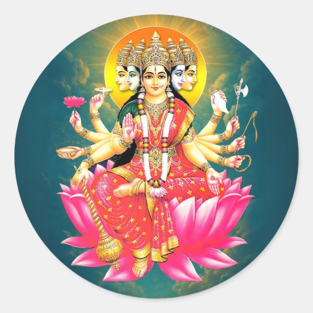 Goddess Gayatri Devi über Lotus Hindu Deity Runder Aufkleber (Vorderseite)