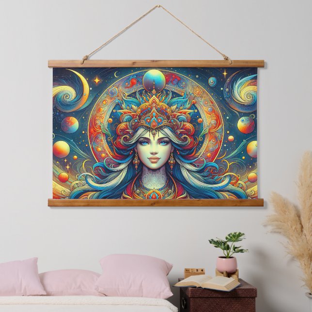 Goddess Head fließend türkis Haar April - Wandteppich Mit Holzrahmen (Schlafzimmer)