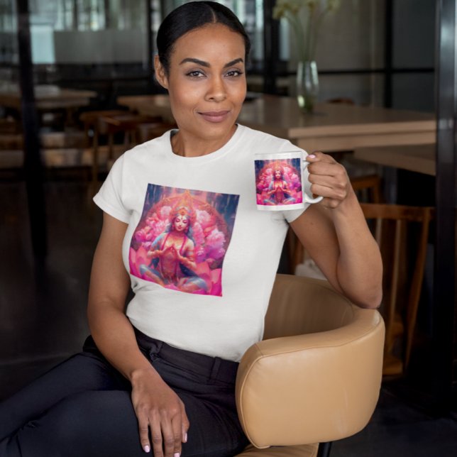 Goddess Lakshmi Pink Lotus on White T-Shirt (Woman wearing Goddess Lakshmi Pink Lotus white Tee and Holding matching Mug)