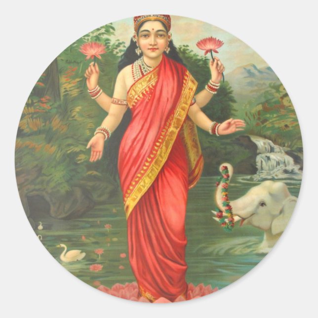 Goddess Lakshmi - Raja Ravi Varma Runder Aufkleber (Vorderseite)