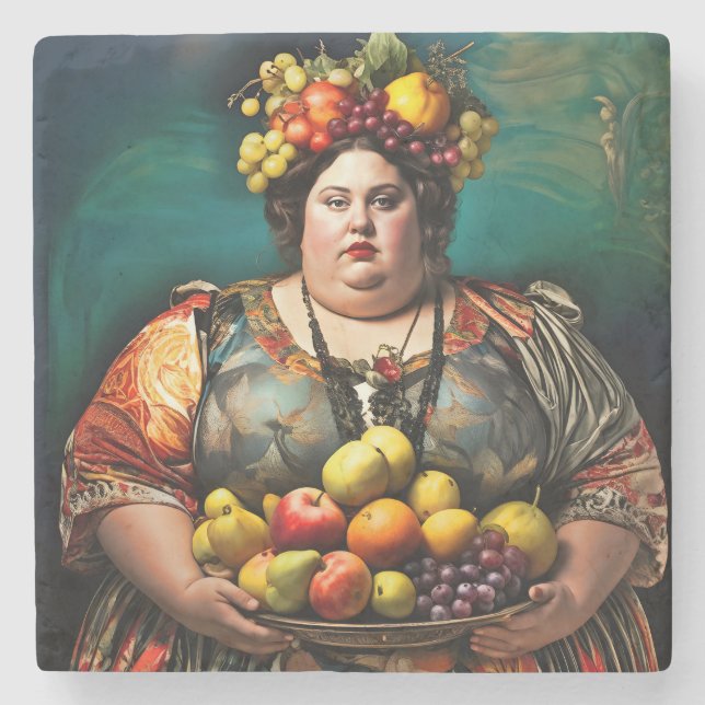 "Goddess of Overindulgence" - farbiges Portrait Steinuntersetzer (Vorderseite)