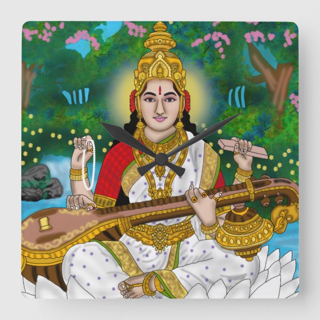 Goddess Saraswati Clock Quadratische Wanduhr (Vorderseite)