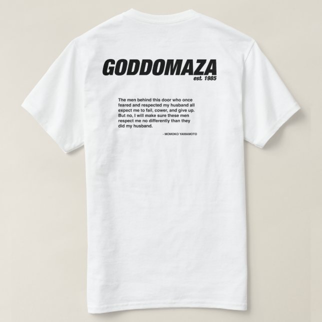 GODDOMAZA CLASSIC HEAD MIT MOMOKO QUOTE T-Shirt (Design Rückseite)