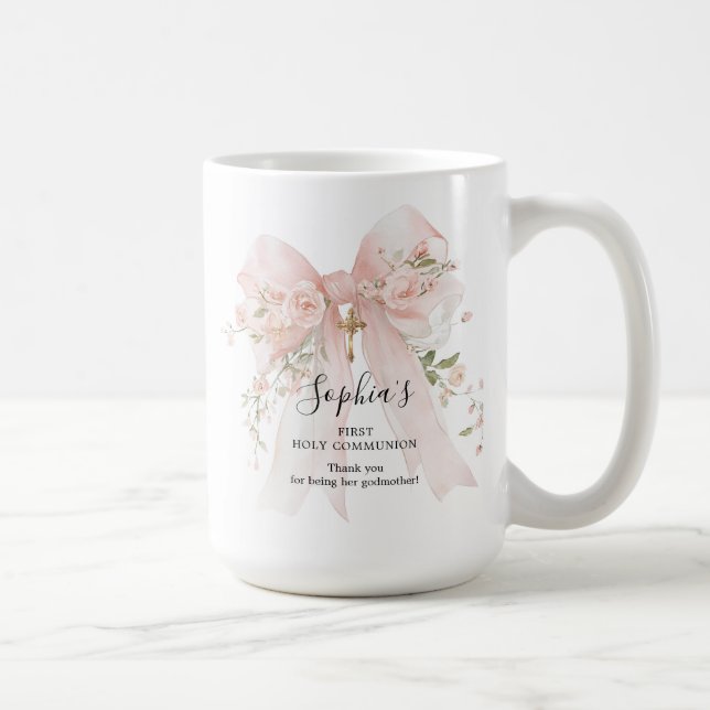 Godmother Gift First Communion Pink Bow Roses Kaffeetasse (Rechts)
