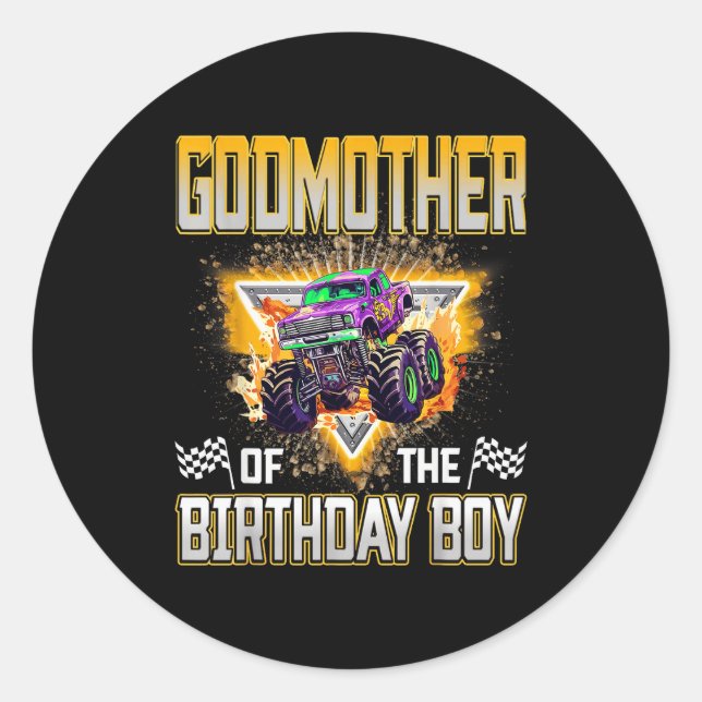 Godmother Of The Birthday Boy Monster Truck Birthd Runder Aufkleber (Vorderseite)