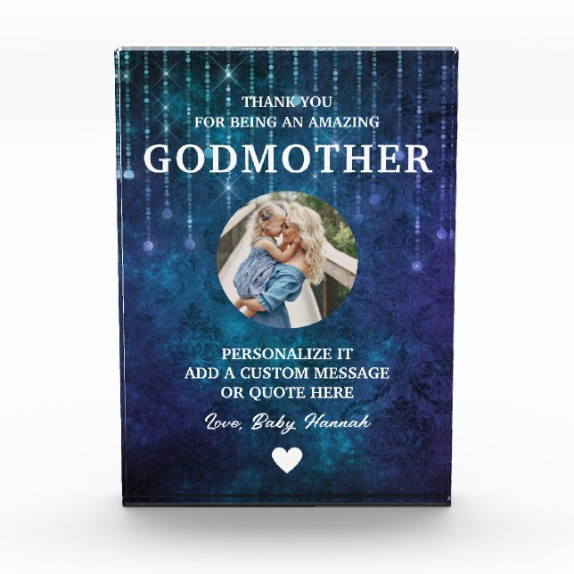 Godmutter danke Blue Glitzern Custom Fotoblock (Vorderseite)